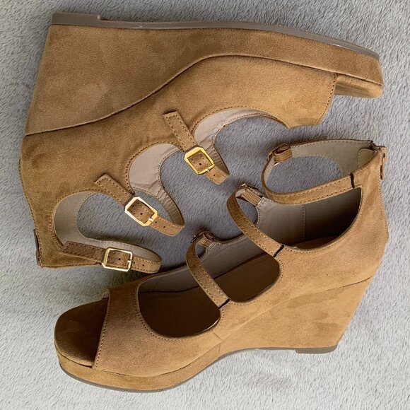 Journee Collection Skyla Tan Microsuede Strappy Peep Toe Demi Wedges - Picture 7 of 15